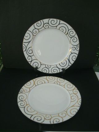 Pier 1 Gold Swirl (porcelain) 10 1/4 " Dinner Plates Set Of Two (2)