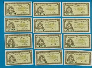 12 Hong Kong 1 Cent Nd (1941) A Prefix 7 Diget P - 313b Banknote Cu Seq Ser Nos
