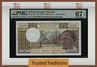 Tt Pk 38d Nd (1979) Djibouti Banque Nationale 5000 Francs Pmg 67 Epq Gem