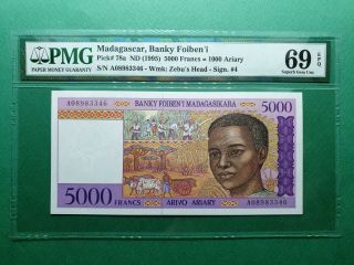 1995 Madagascar 5000 Francs P 78a Pmg 69epq Unc " Top Pop1 "