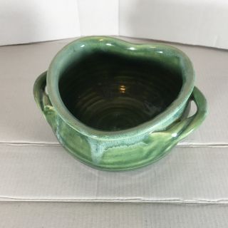 Heart Shaped Handled Studio Pottery Dish Blue/green Signed Bear Paw Pottery Mark