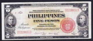 1936 Us Philippines 5 Pesos Treasury Certificate Sn D 2228651 D Xf