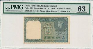 Government Of India India 1 Rupee 1940 Green S/no.  Pmg 63