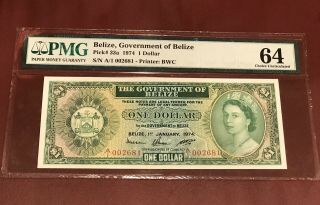 Belize Government Of Belize 1 Dollar 1974 Pmg 64 Unc Pick 33a Queen Elizabeth