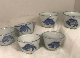 Set Of 6 Vintage Williams Sonoma Koi Fish Cobalt Blue White China Tea Sake Cups