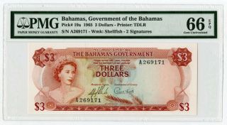 Government Of The Bahamas 1965 $3 P - 19a Banknote Pmg Gem Unc 66 Epq Tdlr