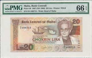 Bank Centrali Malta 20 Lira 1967 Pmg 66epq