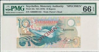 Monetary Authority Seychelles 10 Rupees Nd (1979) Specimen Pmg 66epq