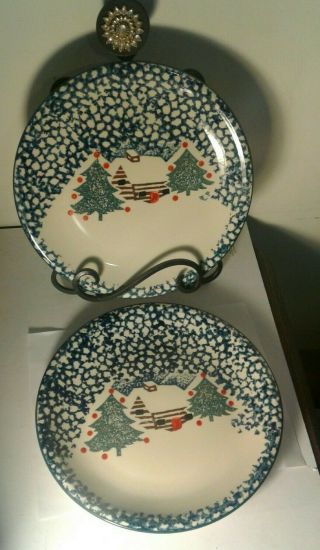 (2) Tienshan Folk Craft Cabin In The Snow Blue Dinner Plates