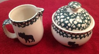 Tienshan Folk Craft Moose Country Sugar Bowl Creamer Set Green Spongeware