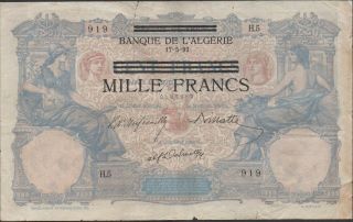Tunisia 1000/100 Francs 17.  5.  1892 P 31 German Occ.  Ww Ii Circulated Banknote