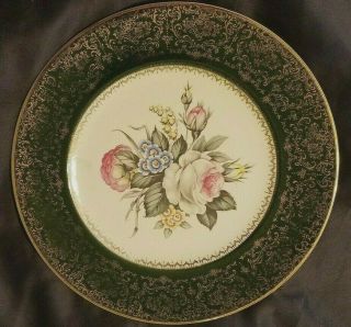 Imperial Salem China Co.  23 Karat Gold Green Plate Dish 11” Floral Bouquet Vtg