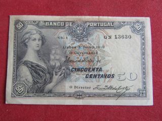 Portugal Banknote 50 Centavos 5 - 07 - 1918 Pick 112a One Line Extremely Fine