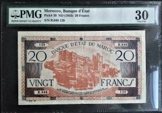 French Morocco 20 Francs Pmg Vf30 P 39 1943 Ww2 Wwii Banque D 