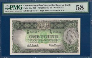 Australia 1 Pound Nd (1961 - 65) P34a R34 Pmg 58 Choice Abt.  Unc Commonwealth Cook
