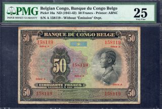 Belgian Congo P.  16a Nd (1941 - 42) 50 Francs - Very Fine Pmg Graded 25.