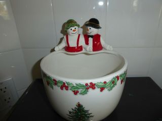 Spode Christmas Tree Bowl Candy Dish With Mr.  And Mrs.  Snowman 2