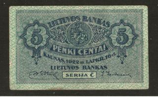 Lithuania,  Russia,  Latvia,  Germany - 5 Centai 16.  11.  1922 Seria Č - Hf