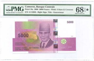 Comoros 5000 Francs 2006 P 18 A Gem Unc Pmg 68 Epq Extra Star High Finest