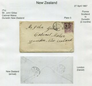 Uk Gb - Florres,  Scotland 1867 Qv Cover To Zealand - 2 Month Long Trip -