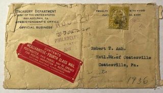 1936 Philadelphia Proof Set Mailing Envelope Postmarked June 2 1936 Wow