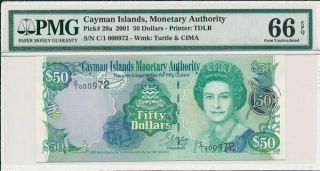 Monetary Authority Cayman Islands $50 2001 Low No.  C/1 000972 Pmg 66epq