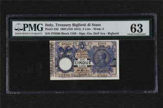 1904 Italy Treasury Biglietti Di Stato 5 Lire Pick 23d Pmg 63 Choice Unc