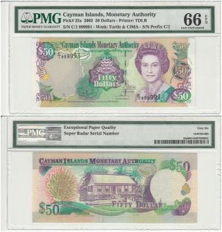 Cayman Islands Pick 32a 2003 50dollars Pmg66 Eqp Gem Unc Tadar Number