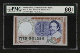 1953 Netherlands Nederlandsche Bank 10 Gulden Pick 85 Pmg 66 Epq Gem Unc