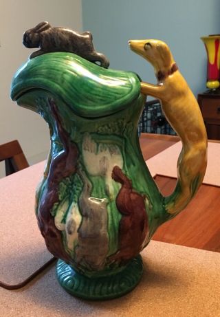 Portugal Majolica Hound Hare Dog Rabbit Hunting Pitcher Lid Man Cave Cabin Camp