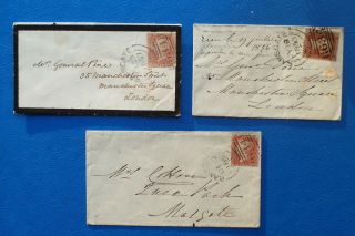 3 Qv 1d Red Covers (incl.  Mourning Cover) With Ramsgate Sideways Duplex Postmark