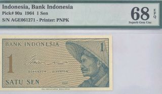 Indonesia - 1 Sen - 1964 - Pick 90a Pmg 68 Epq Gem Unc Finest Known