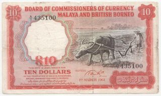Malaya & British Borneo 10 Dollars 1961 P - 9a