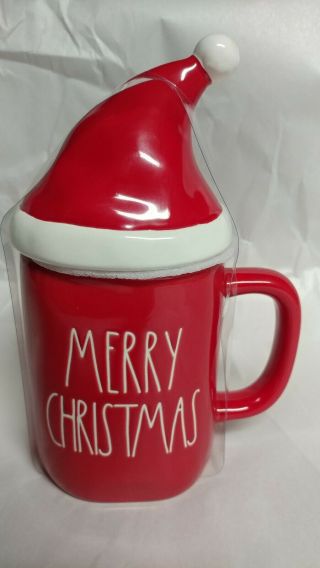 Rae Dunn By Magenta L/l " Merry Christmas” Coffee Mug W/ Red Santa Hat Topper