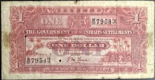 Straits Settlements $1 Dollar 1927 P 9a RED Sign Date Singapore Malaya BRITISH 2