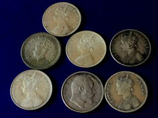 India Ceylon 7 X 1 Rupee Silver Coins - 1862 To 1944