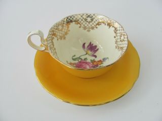 Aynsley Daytona Yellow Tea Cup & Saucer With Fancy Gold & Flower Accents