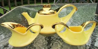 Vintage Pearl China Yellow Tea Pot Set With 22k Gold Hand Painted Trim Usa
