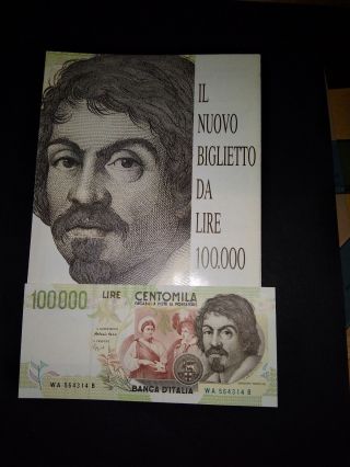 Italy 100000 Lire Caravaggio Xf/aunc,  Rare Presentation Book