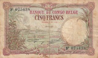 Belgium Belgian Congo 5 Francs 1929 Rare (b145)