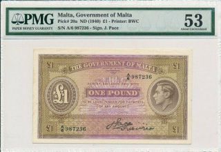 Government Of Malta Malta 1 Pound Nd (1940) Pmg 53