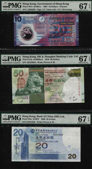 Tt Hong Kong Melody 10,  20,  & 50 Dollars Pmg 67 Epq Gem Unc Set Of Three