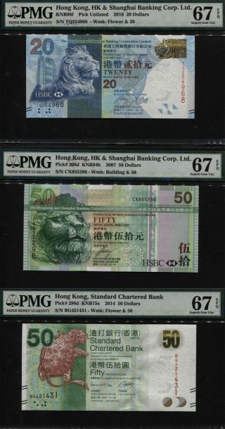 Tt Pk Unl,  208d & 298d Hong Kong 20 & 50 Dollars Pmg 67 Epq Set Of Three