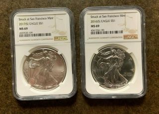 2016 (s) & 2017 (s) Ngc Ms69 American Silver Eagle Coins -