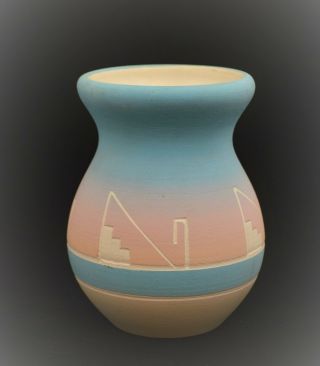 Handmade Native American Indian Lakota Sioux Pottery Vase Pink Blue