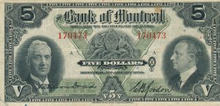 Canada Bank Of Montreal 5 Dollars 1938 170473 - F