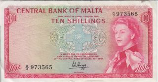 Malta Banknote P28 - 3565 10 Shillings 1967,  Qe Ii,  Pinholes,  Vf We Combine