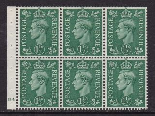 Gb George Vi 1.  5d Green Booklet Pane Of 6 G4 Never Hung