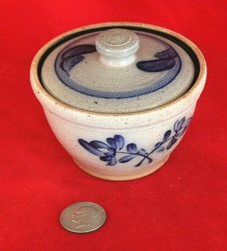 Vintage Rowe Pottery Salt Glaze Gray Blue Butter Crock W/ Lid 1989 Double Flower