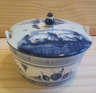 Delft Bowl / Dish With Lid Handpainted Delft Blue Made In Holland With Windmill